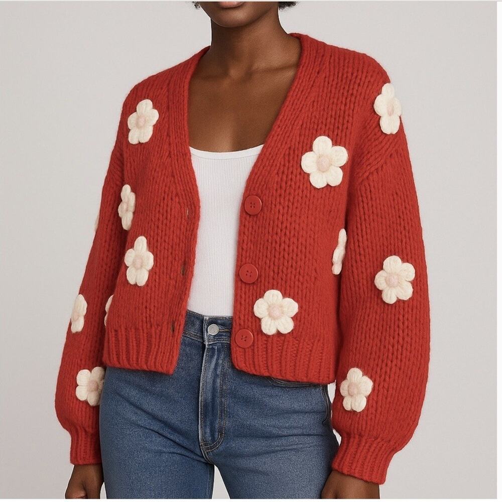 Luna Ivy Red Floral Cardigan Sweater Chunky Knit Size XS